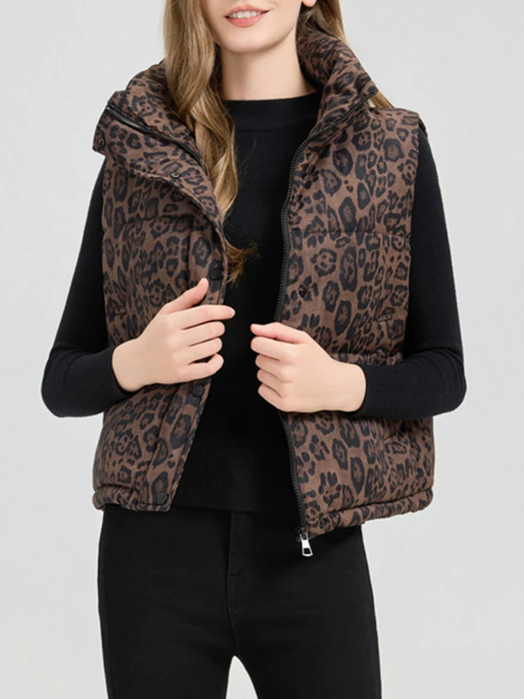 

Осень-зима, новый пуховый хлопковый жилет с леопардовым принтом, женский короткий стильный хлопковый жилет без рукавов с воротником-стойкой, куртка S130