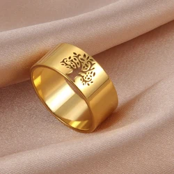 Fashion Hollow Tree of Life Wide Rings Women's Ring Stainless Steel Gold Color Finger Rings Simple Jewelry Anniversary Gifts