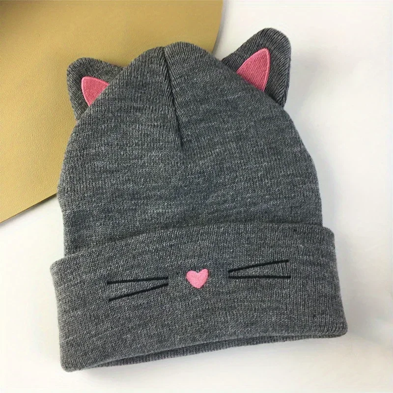 

Winter Cat Ear Beanie with Embroidery Soft Brimless Design Thermal Ear Protection for Women Outdoor Activities