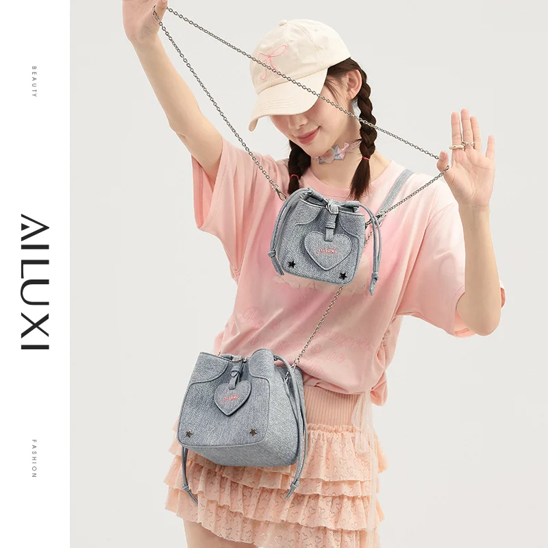 AILUXI Women Handbag Original Designer Cute Denim Blue Small Roasted Wheat Bucket Bag Fashion Crossbody Small Bag PU Leather