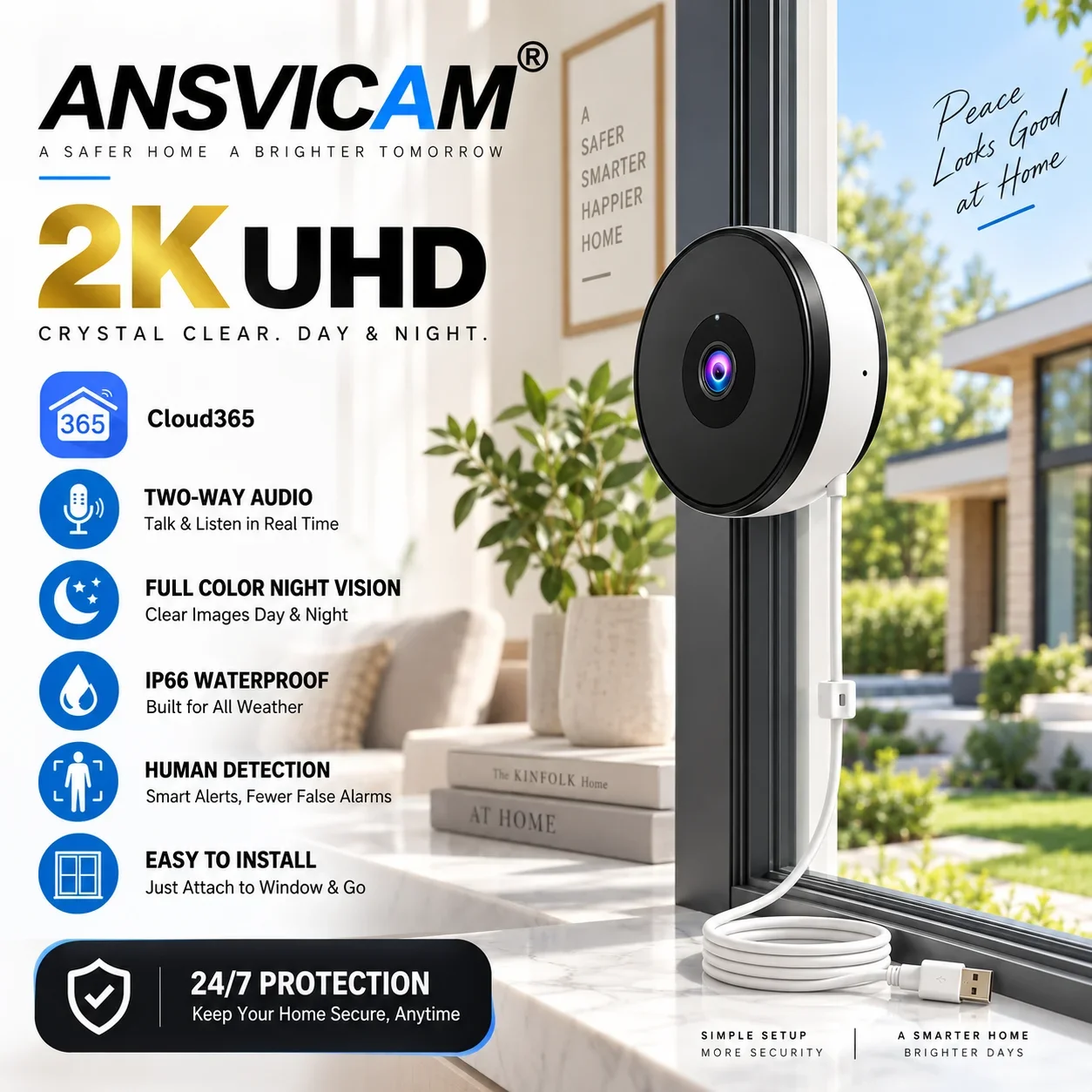 5MP 5GHz WiFi Window Security Camera Indoor Home Surveillance Motion Detection Full Color Night Vision 24/7 Recording