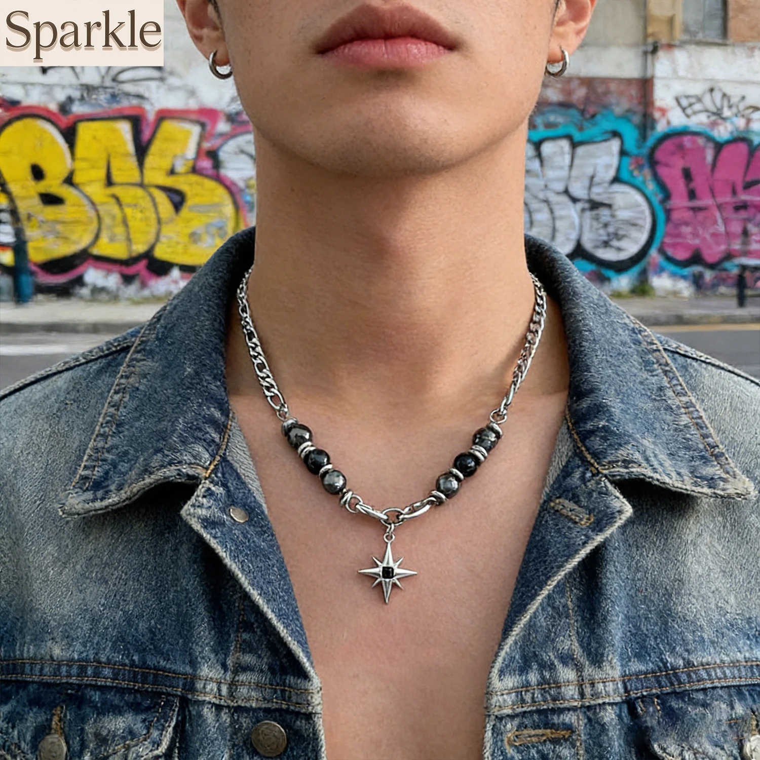 

Unisex Cross Pendant Necklace Stainless Steel Volcanic Stone Pearl Beads Hip Hop Street Style Jewelry Accessory