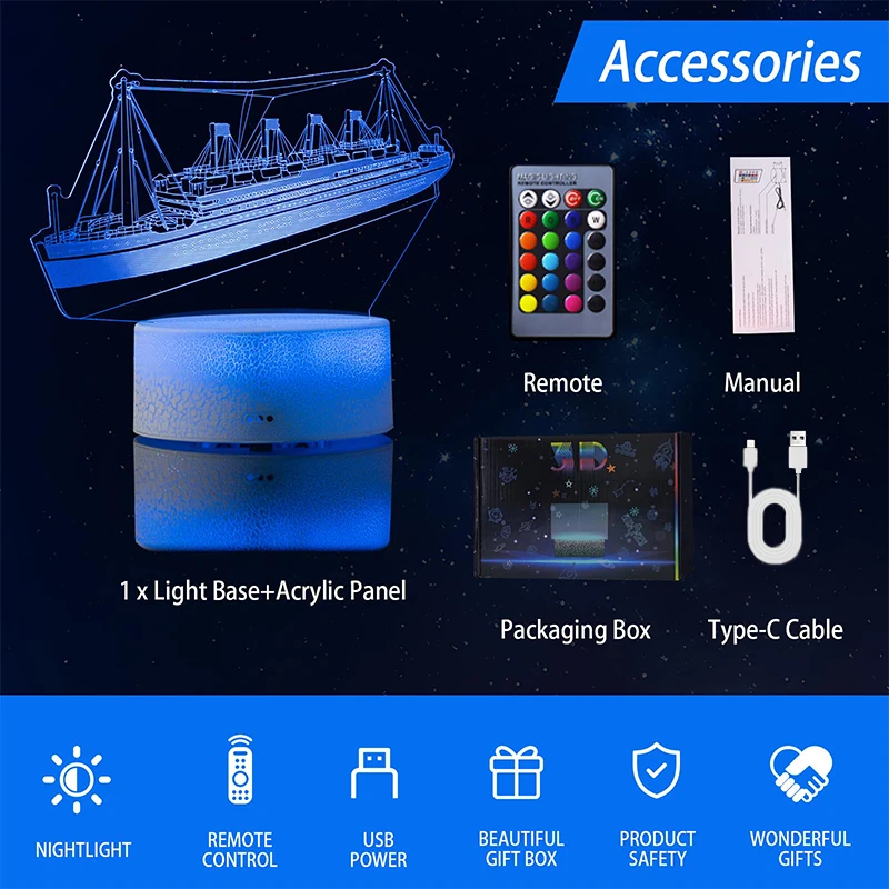 3D Illusion Ship Model Lamp Kids Night Light Dressing Room Bedside Decoration Christmas Birthday Gift