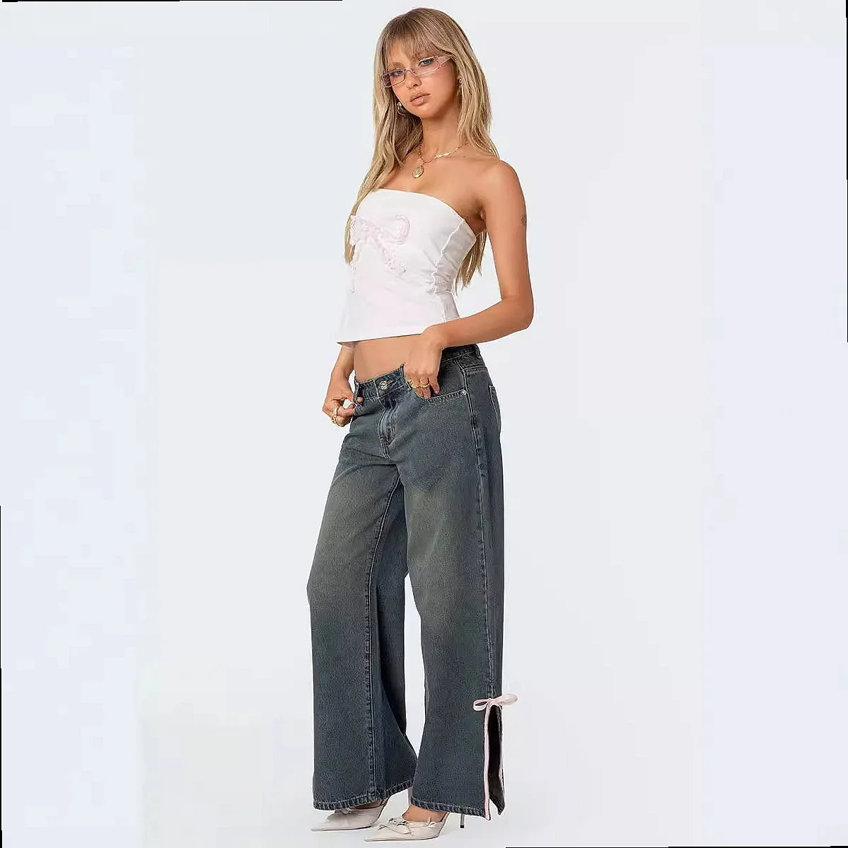 Flare Jean for Women Mid Rise Slim Fit Bow Side Slit Jeans Spring Summer