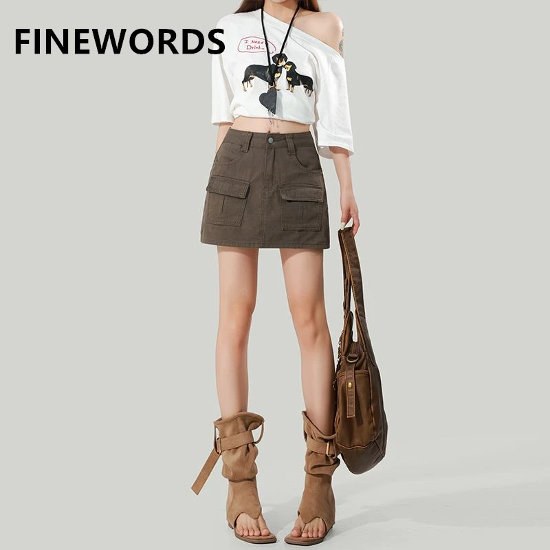 FINEWORDS Korean Casual High Waist PU Skirt Women A Line Vintage Skirt With Inner Lining Streetwear Harajuku Sexy Mini Skirt