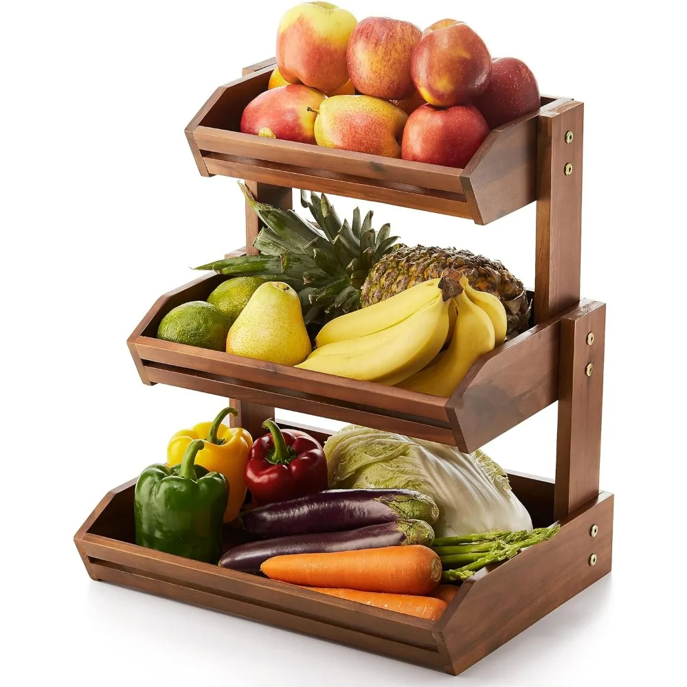 

3-Tier Wooden Fruit Basket for Kitchen Counter - Acacia Wood Storage Organizer for Produce and Snacks