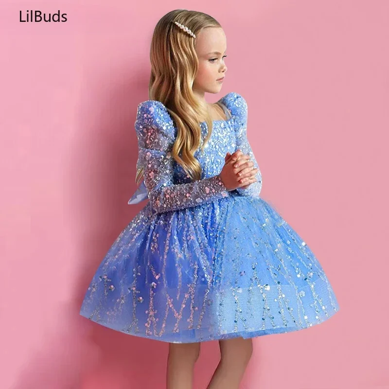 2025 vestido para niñas, traje de fiesta de cumpleaños de manga larga de malla con lentejuelas, ropa para niños, Vestidos de graduación para ceremonia de bebé a juego