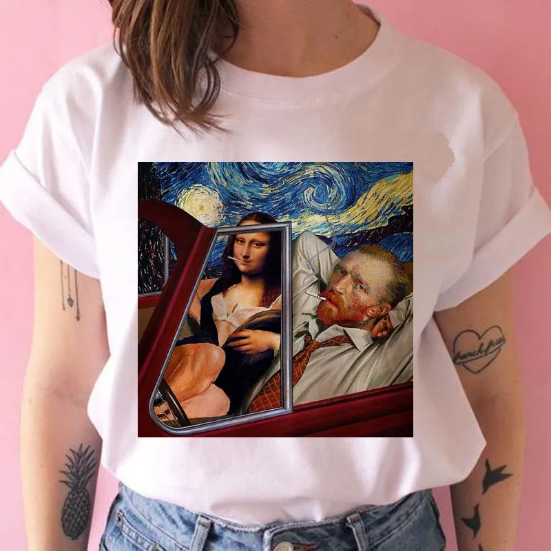 mona lisa van gogh t shirt women funny grunge tshirt spoof personality harajuku 90s female ulzzang t-shirt top tee