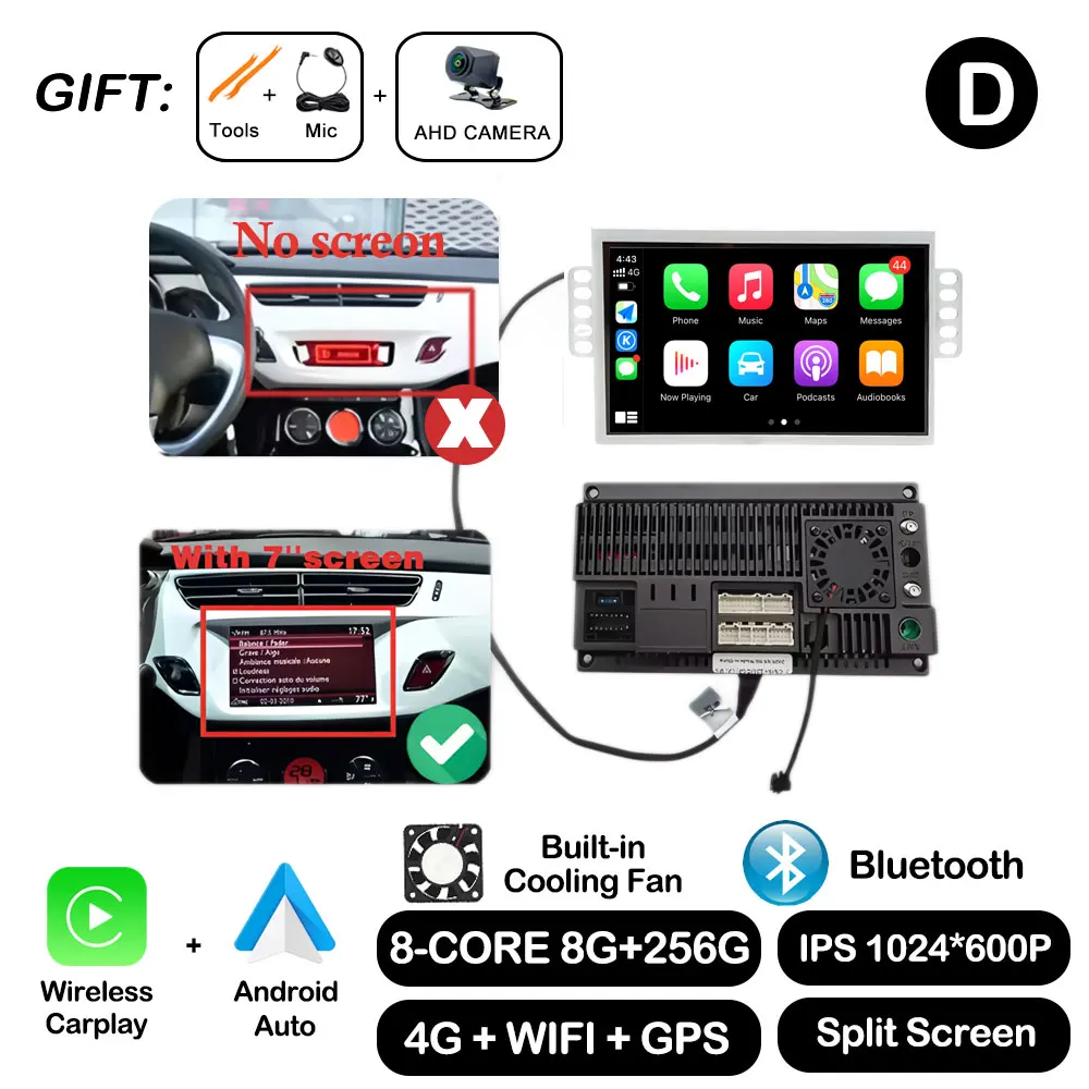 7 "Android Auto Voor Citroen C3 DS3 Autoradio Multimedia Speler Monitor Stereo Navigatie GPS BT Draadloze Carplay Touchscreen