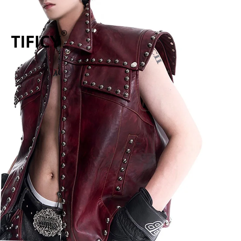 

High Street Vest Mens New PU Leather Heavy Industry Rivet Motorcycle Leather Coat Vest Men's Punk Style Coat Men Clothing