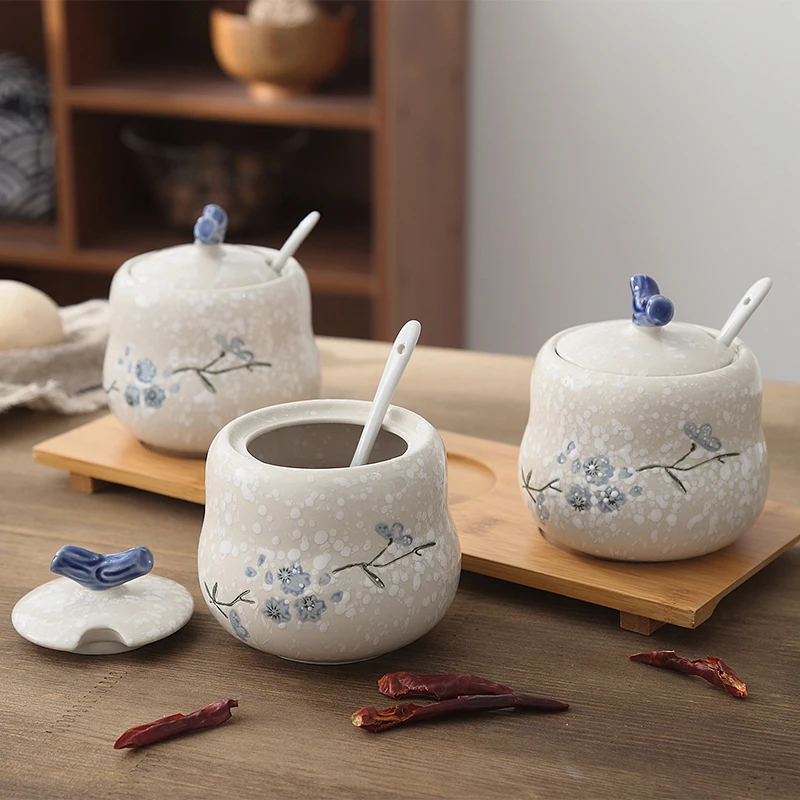 Contenedores de condimentos de porcelana, tarros de especias con tapa con cuchara, maceteros japoneses de sal, azúcar y chili, dispensadores de aceite con base de bambú