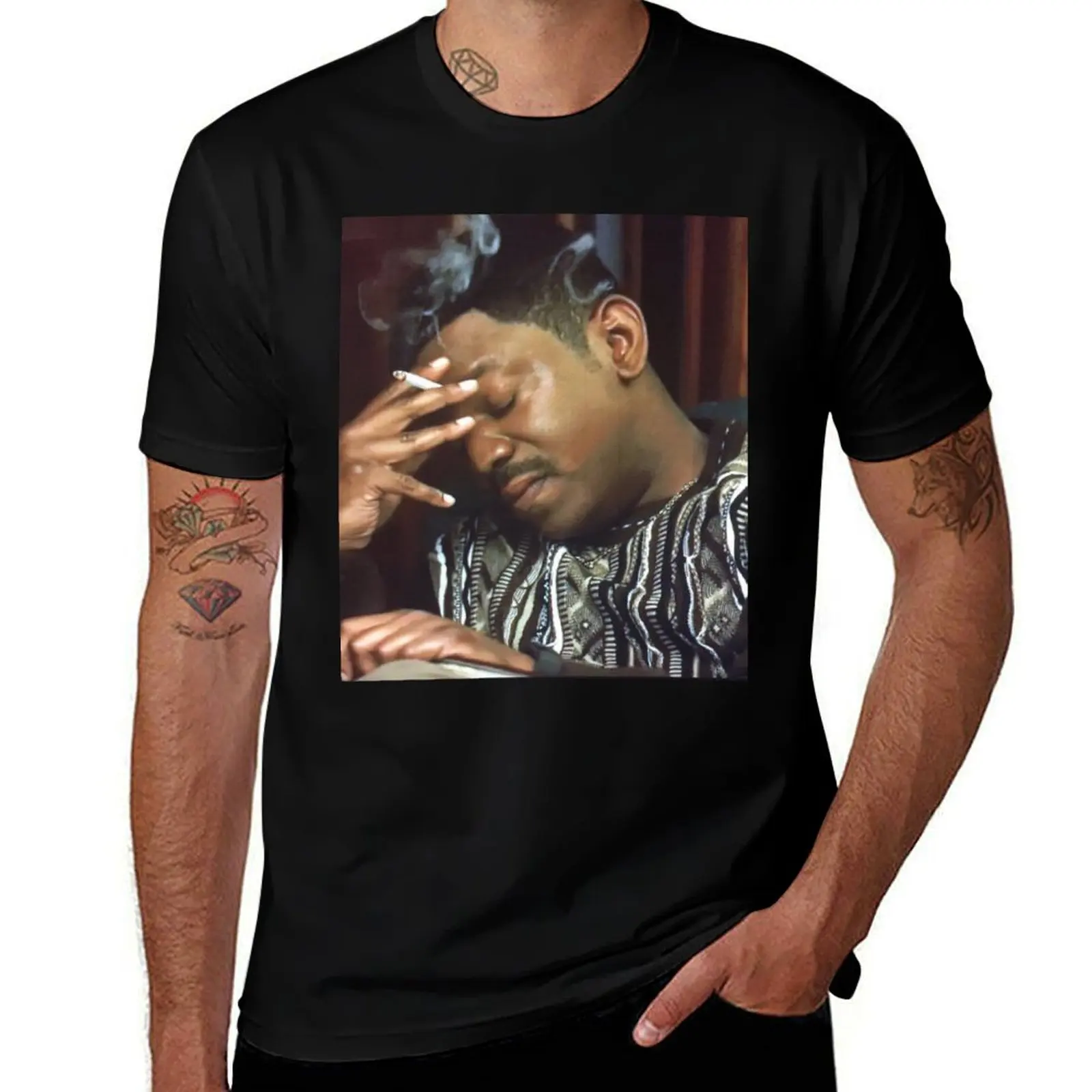Mekhi Phifer Meme Smoking Reaction Gif head down eyes closed The Bobby Brown Story T-Shirt Basic Solid Color Casual Tee Shirt