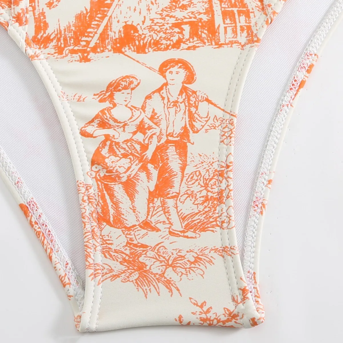Woman Tankini Retro Tankini Sleeveless Swimwear Toile Print Corset Waist Swimsuit Thin Strap Midi Length Sarong Bathing Suit
