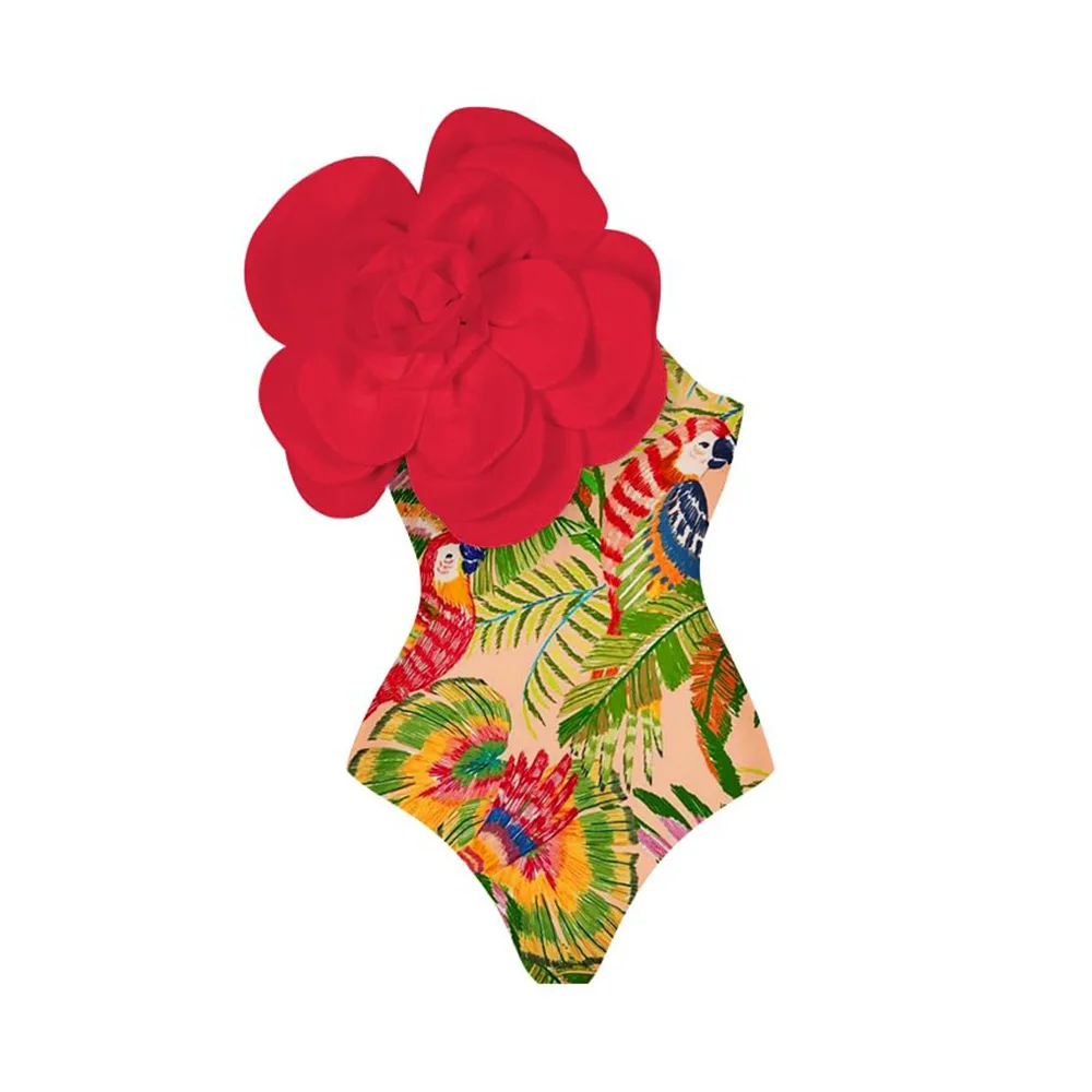 Traje de baño de flores en 3D para mujer, bañador Vintage de cintura alta, ropa de playa Sexy, conjunto de Bikini de realce, vestido de baño 2023