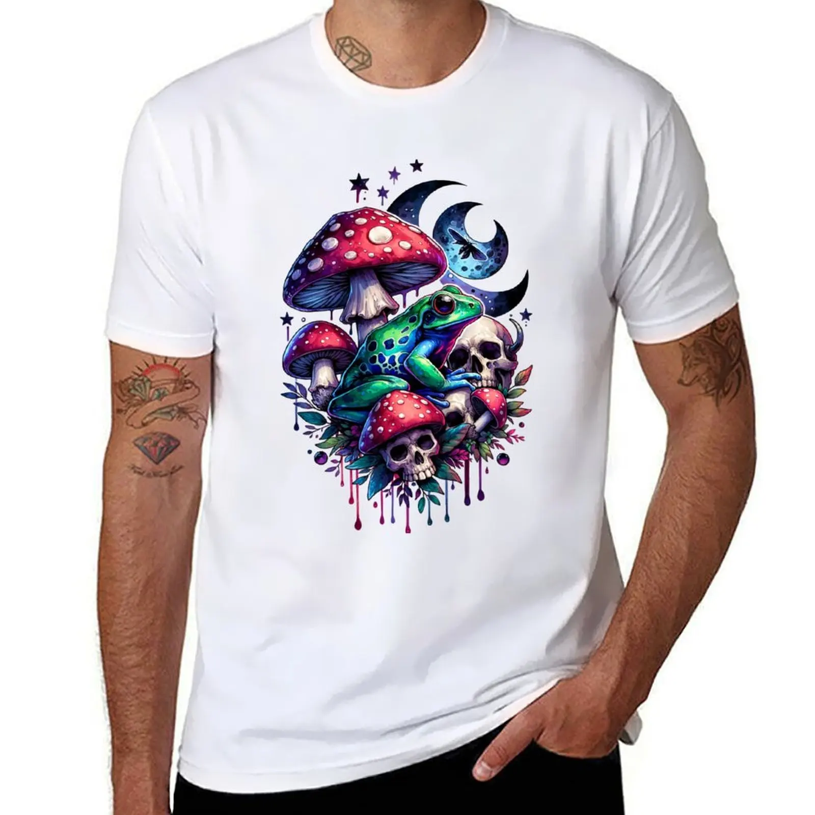 

Cottagecore Whimsigoth Mushrooms, Frog, skulls and Luna Moth in Moon Dark Aesthetic Goblincore Fantasy Art T-Shirt