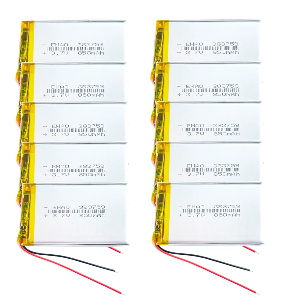 

10 x PCS 3.7V 850mAh LiPo Rechargeable Battery 383759 For Mp3 DVD GPS Mobile Phone Driving Recorder Camera Bluetooth Massager