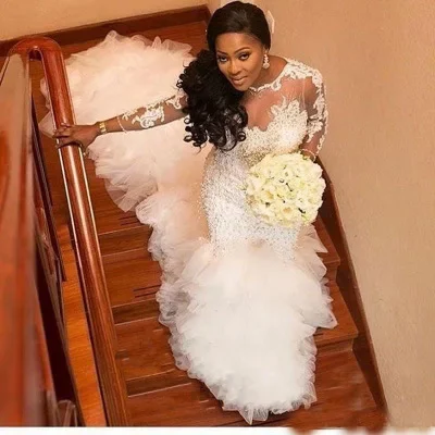 Customized Elegant Lace Long Sleeves Mermaid Custom Dress Ruffles Train South Africa Plus Size Nigeria Wedding Gowns