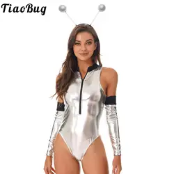 Womens Halloween Space Alien Cospaly Costume Astronaut Robot Role Play Party Metallic Shiny Zipper Bodysuit with Hair Hoop Set