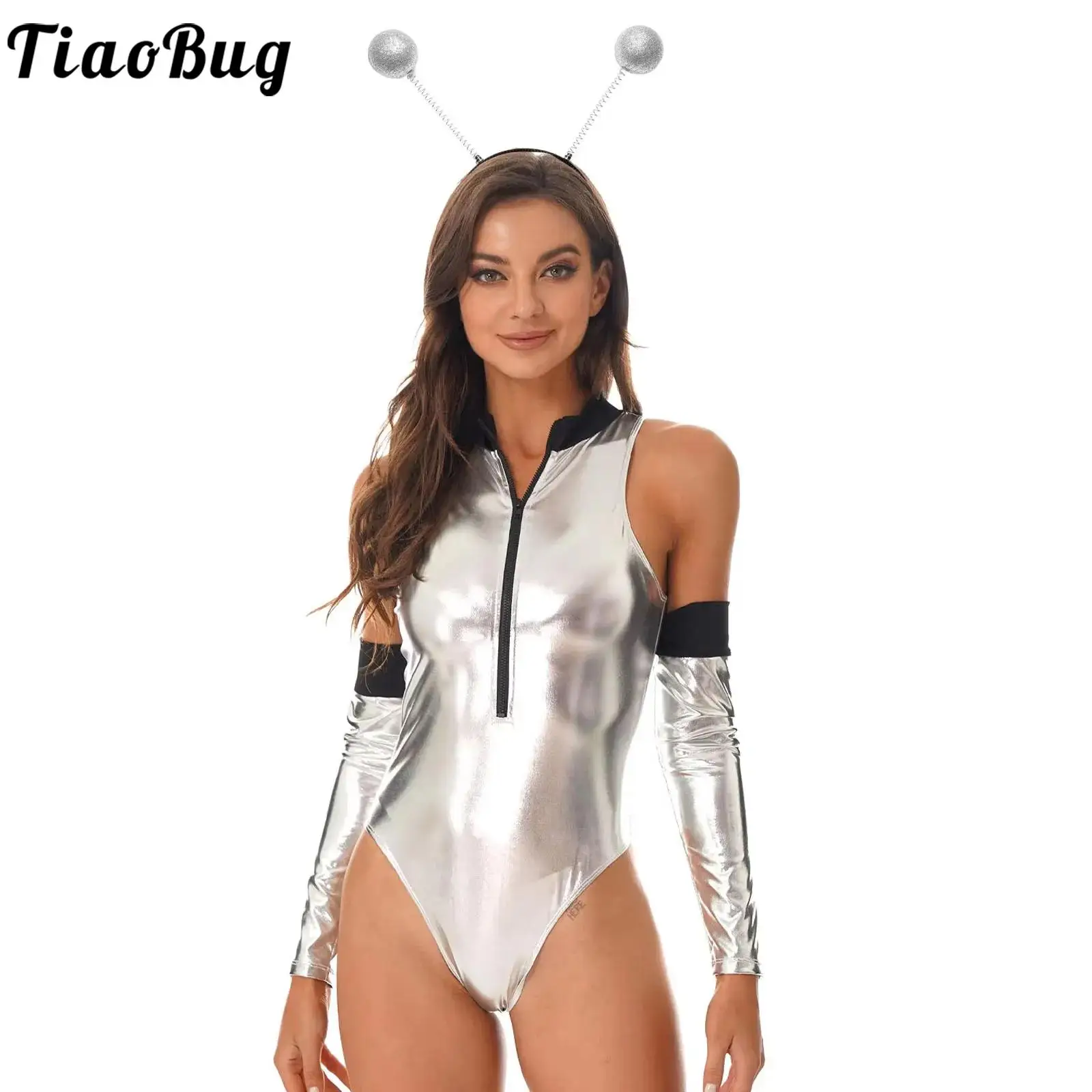 Damski kostium na Halloween Space Alien Cospaly Astronaut Robot do odgrywania ról Party Metaliczne błyszczące body z zamkiem błyskawicznym i zestawem obręczy do włosów