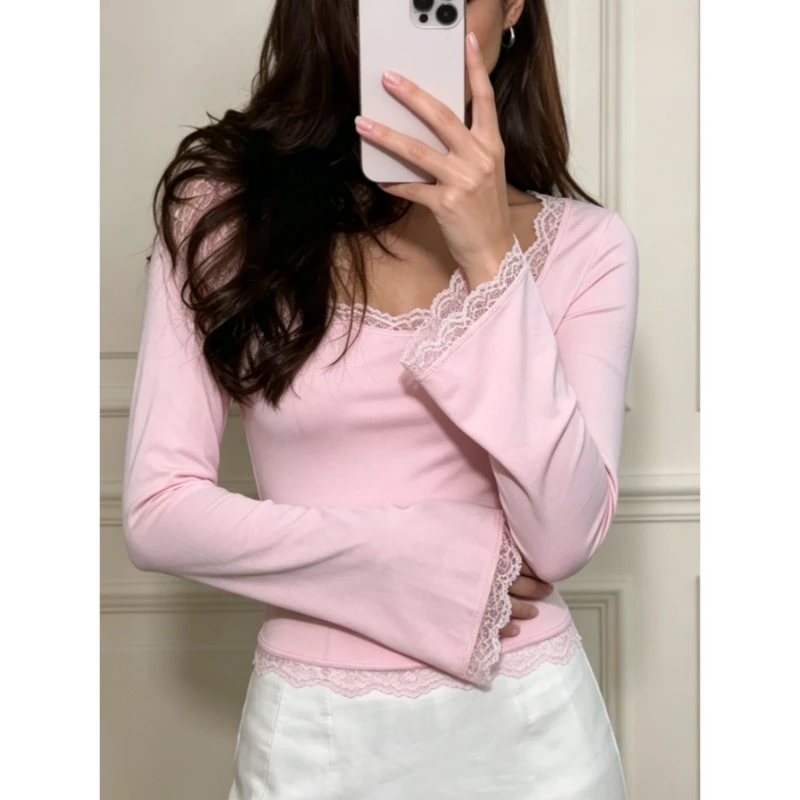 Chic Korean Solid Color Sexy Women's Long Sleeved Tops Spring Autumn Square Collar Lace Elegant Slim Fit Short T-shirt