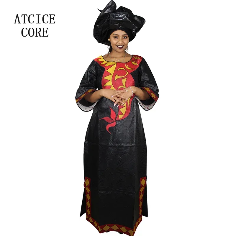 Afrikanischen Kleid Für Frau Bazin Riche Stickerei Lange Kleid Mit Schal 3/4 Hülse