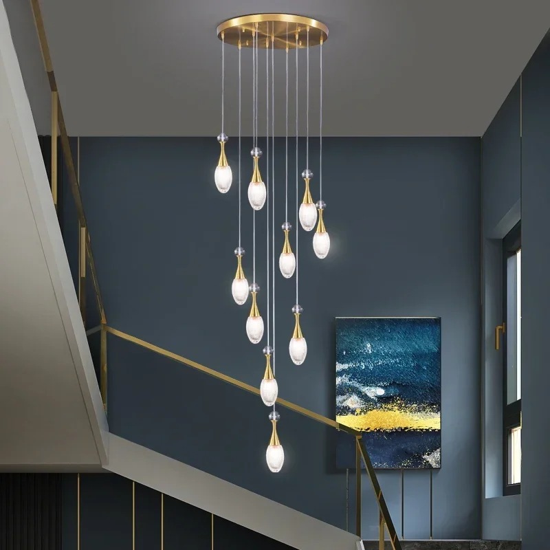 

Modern Luxury Water Drop Decorative Crystal Aluminum LED Villa Duplex Stairwell Lamp High Ceiling Staircase Long Chandelier