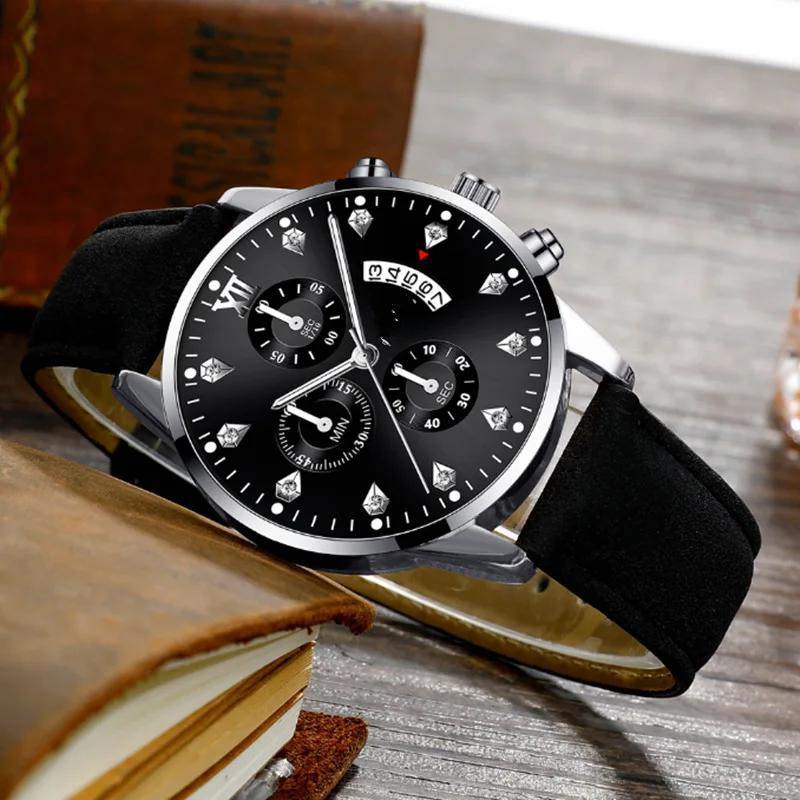 Relojes de negocios de lujo para hombre, reloj de pulsera de cuarzo y cuero, deportivo, informal, con calendario y fecha, color negro