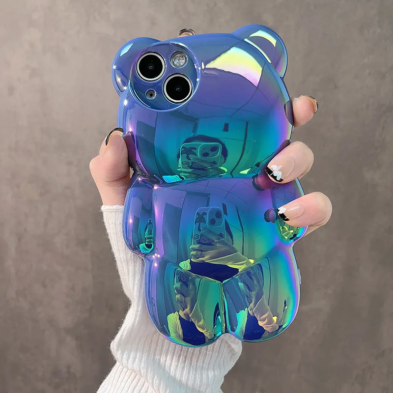 For iPhone 14 ProMax Plus 3D Bear Plating Laser Phone Case for iPhone 11 12 13 Pro Max Cartoon Colorful Glitter Matte Soft Cover