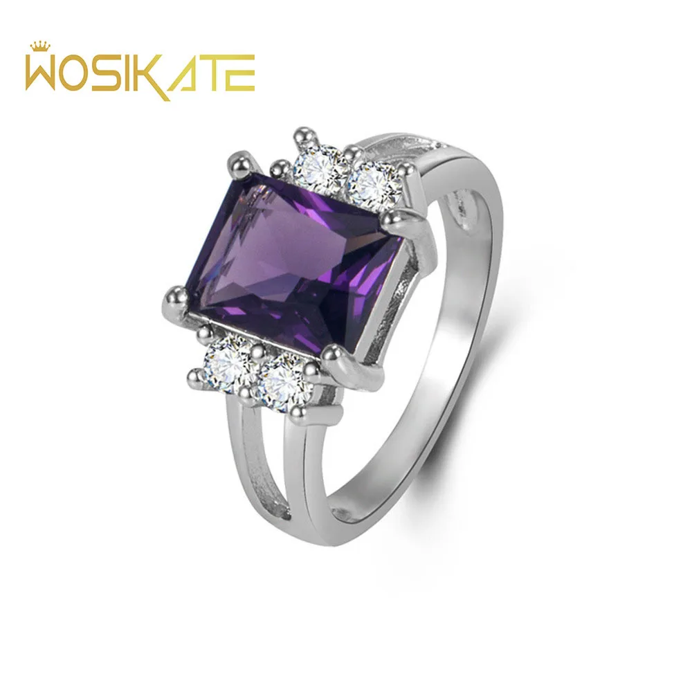 WOSIKATE Light Luxury Square Amethyst Zirconia Ring For Women 925 Sterling Silver Fashion Jewellery Anniversary Gift Accessories