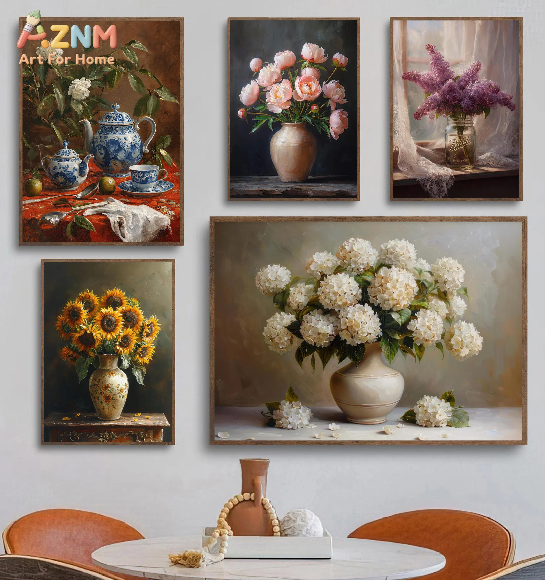 AZNM Vintage Floral Still Life Canvas Wall Art Print, Peony Hydrangea Sunflower Lilac Blue and White Porcelain Teapot Farmhouse