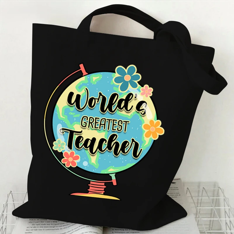 Bolso de mano de lona para la vida del maestro, bolsos de hombro con forma de globo de dibujos animados para mujer, es un hermoso día para aprender, bolso de compras estampado, bolsos para adolescentes