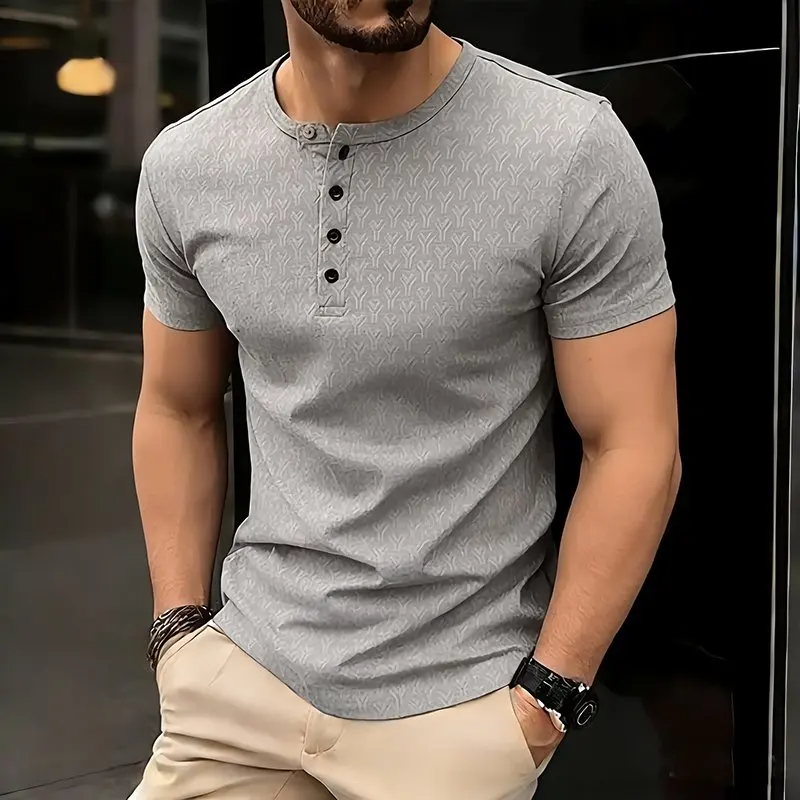 Summer 2026 Men's Short Sleeve T-Shirt Y-Notched Henry Casual Large Size Base Shirt Breathable Polyester Fiber Standard Fit