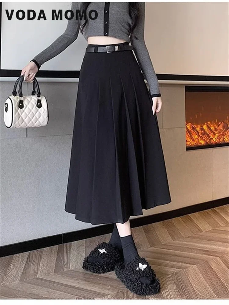 

Elegant Harajuku Temperament High Waist Long Skirt With Belt For Spring Autumn Women Korean Gentle Solid A-line Pleated Skirt