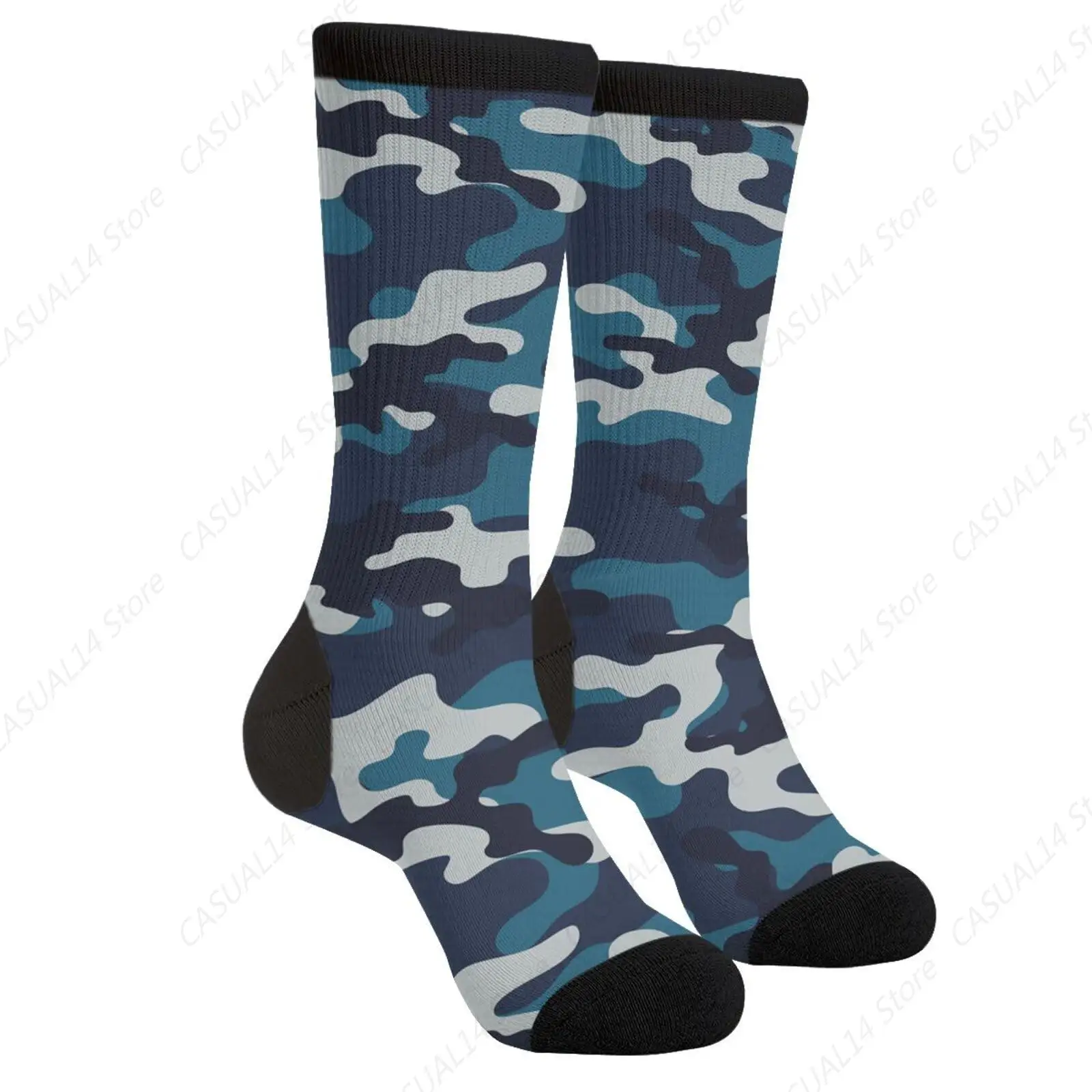 Navy Blue Camo Camouflage Cool Novelty Fun Crew Socks Fashion Comfortable Men And Women Crazy Dress Socks