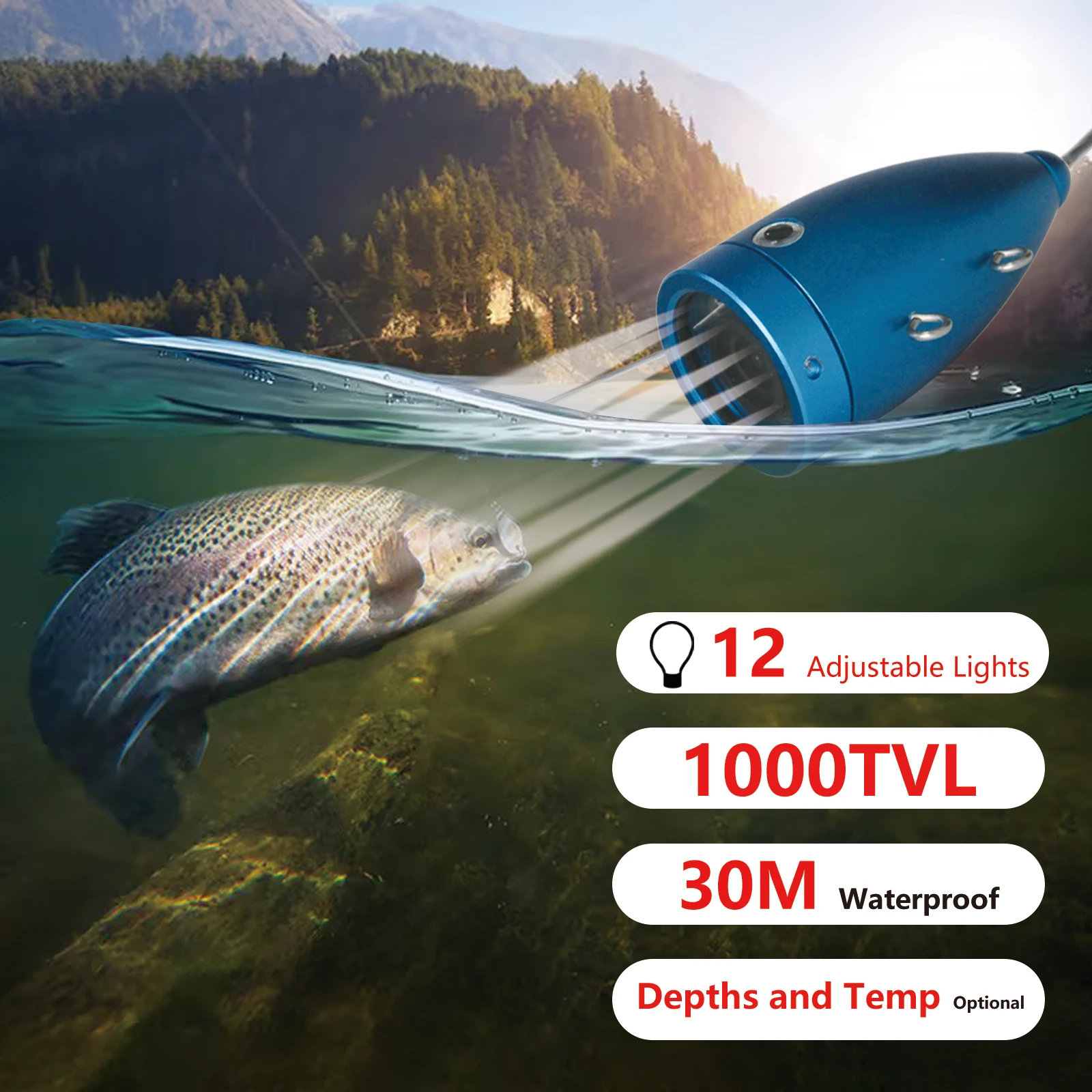 15m Underwater Fishing Camera 7'' Screen Waterproof Video Fish Finder Cameras for Ice Lake Sea Boat Kayak Fishing