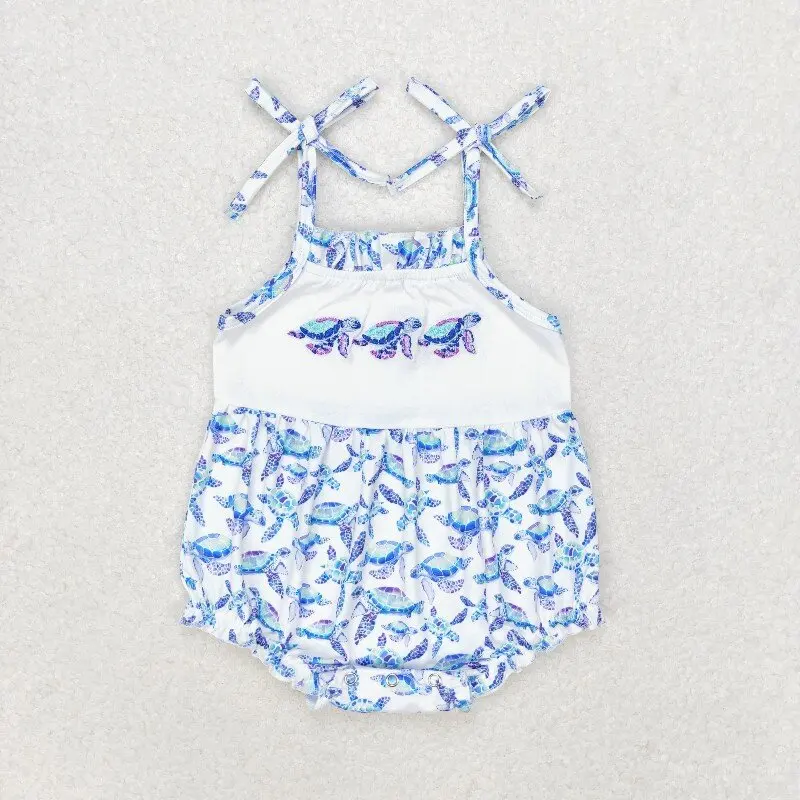 

New rts baby girls summer romper wholesale boutique embroidered turtle vest blue girls rompers SR1650