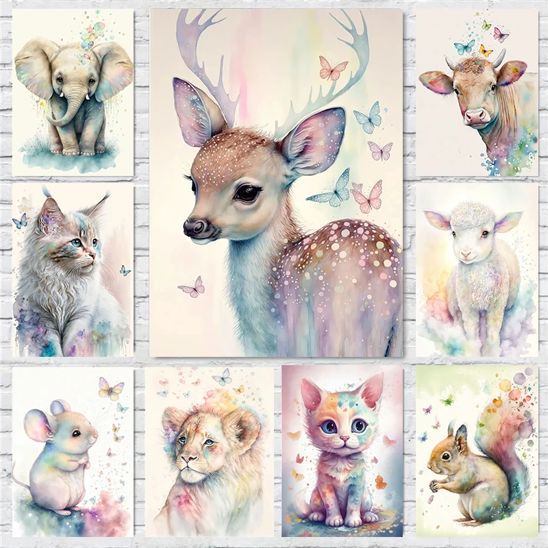 Watercolor Baby Animal Lion Elephant Bear Cat Sheep Squirrel Poster Wall Art Pictures Canvas Painting Living Room Kid Home Decor