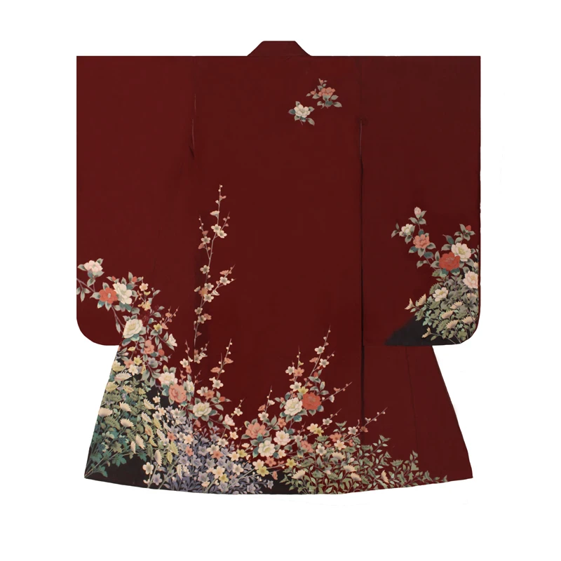 Women\'s Traditional Japanese Kimono Red Color Floral Prints Long Sleeve Yukata Vintage Performing Dress Cosplay Costume