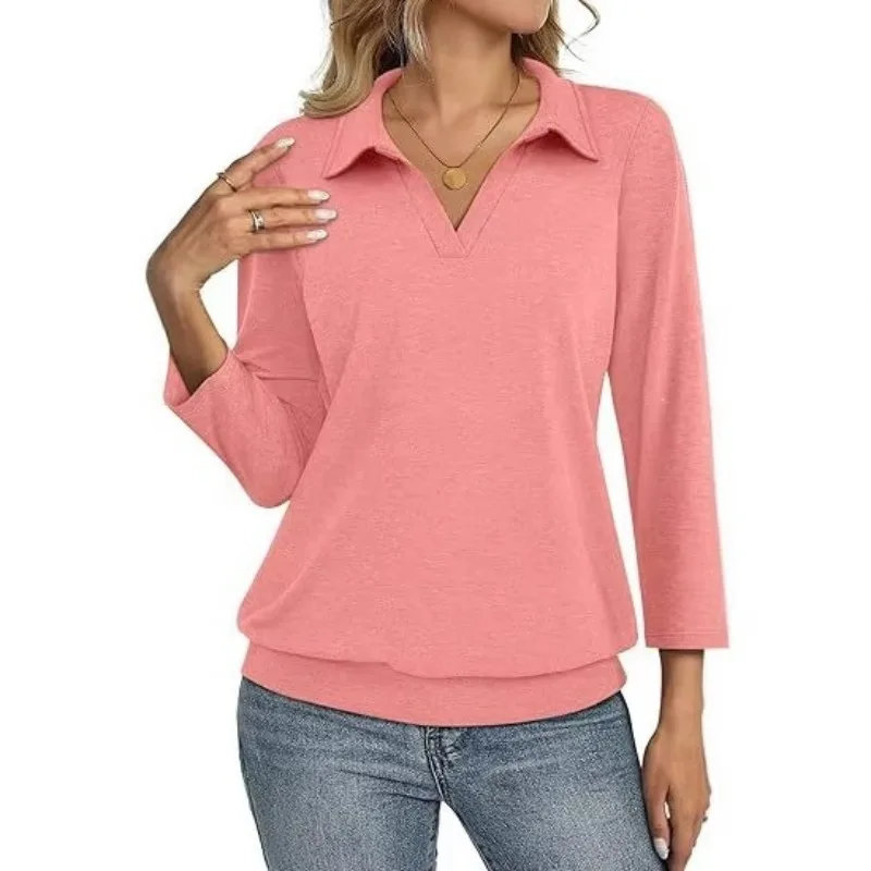 in Europe and America New Type of Women's V-neck Solid Color Cotton Commuting T-shirt with A Wind Sleeve for Cross-border Trade