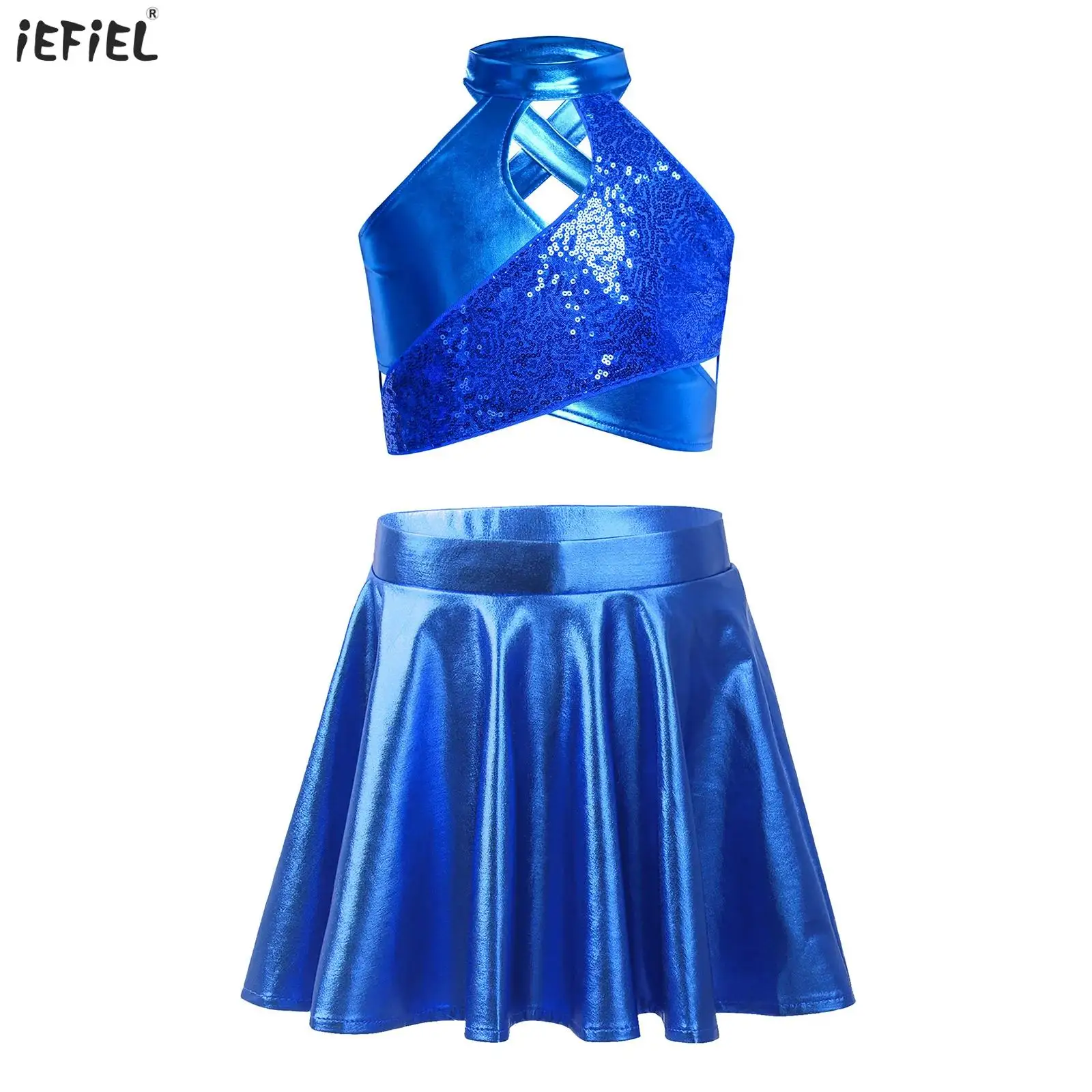 

Kids Girls Jazz Dance Outfit 2Pcs/Set Sparkly Sequins Metallic Cross Keyhole Crop Top+Skirt Stage Performance Costume Streetwear
