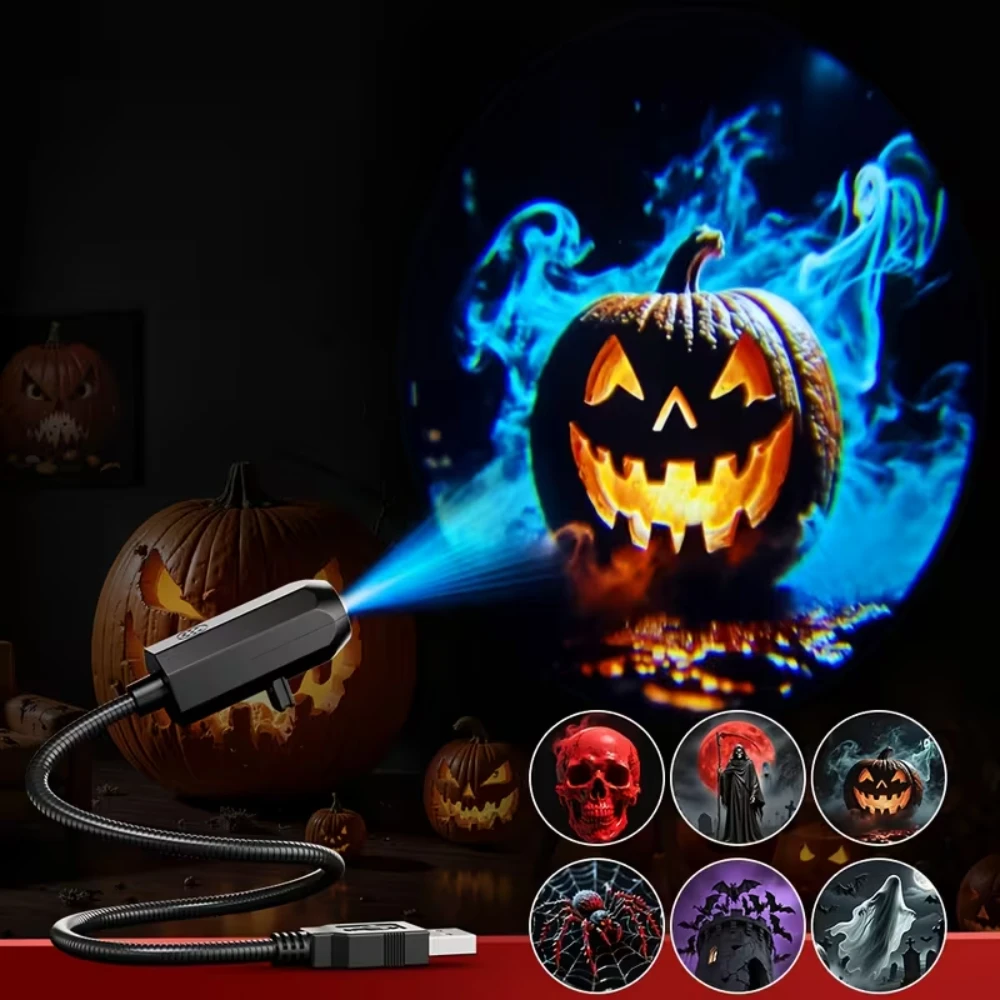 USB Projector Light Halloween Ghost Skull Night Light Switchable Pattern LED Projector Lamp for Room Ceiling Window Wall Decor