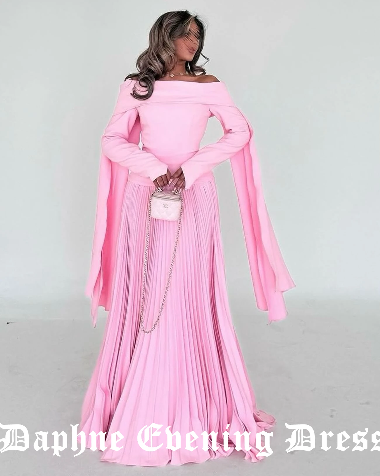 Customized Pink Chiffon Off the Shoulder Evening Dresses Formal and Classic Boat Neck A-Line Long Sleeves Sweep Train Party Gown