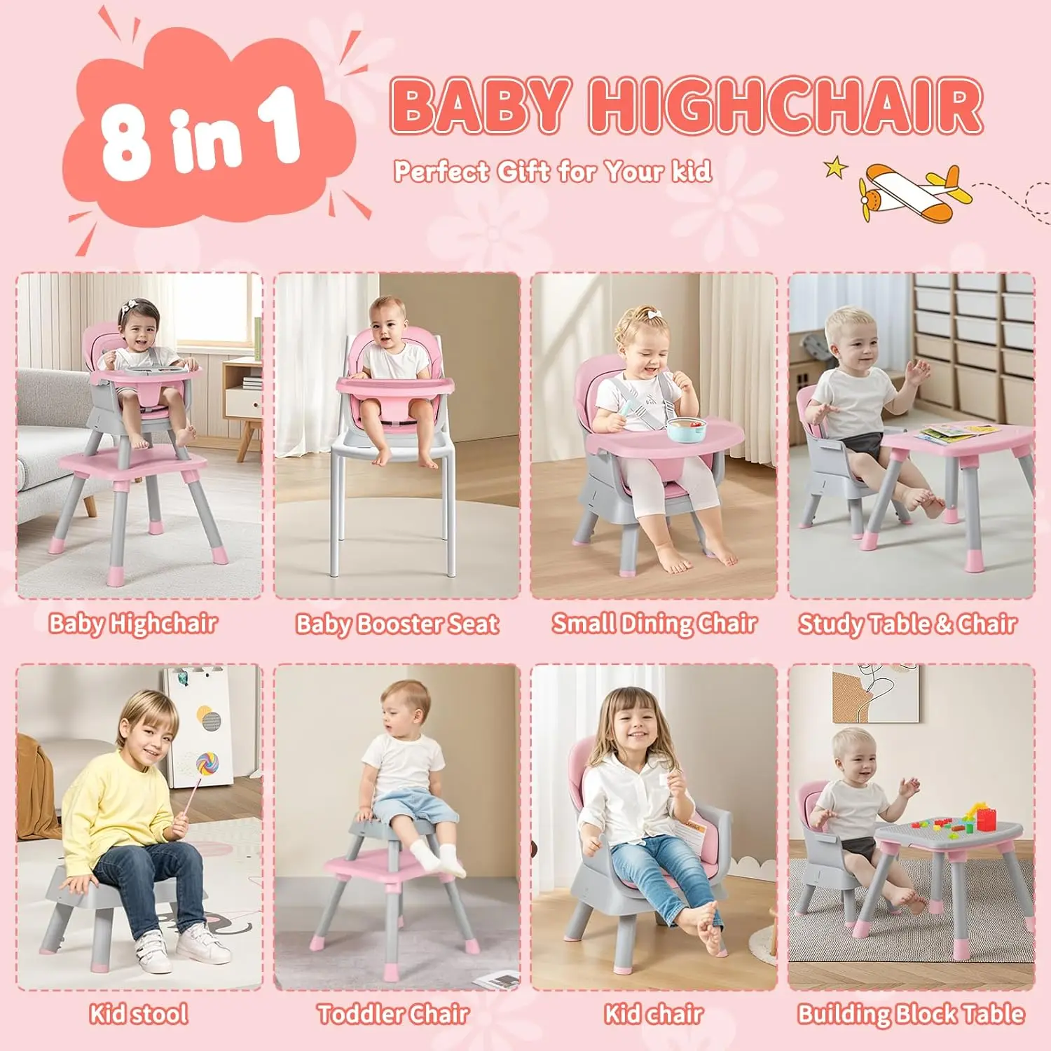 8 in 1 Baby High Chair, Coverts to Dining Booster Seat/Kids Table & Chair Set/Toddler Building Block Table/Kids