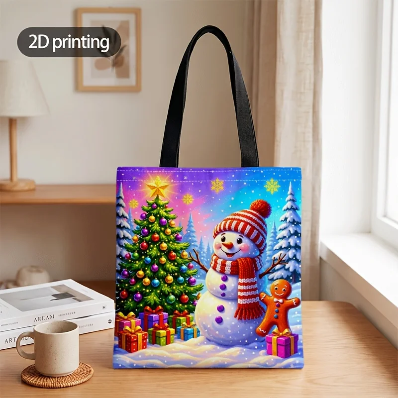 Christmas Snowman Gingerbread Man Canvas Tote Bag Xmas Tree Gift Winter Snow Scene Large Capacity Handbag Bag Holiday Gift