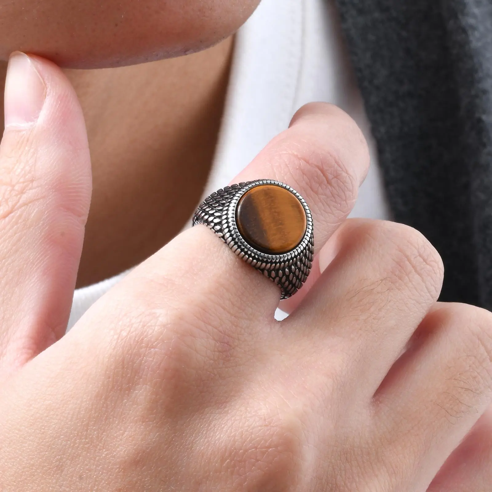 Geometric Turquoise Tiger Eyes Natural Stone Ring for Men, Chunky Stainless Steel Signet Rings, Fashion Punk Finger Jewelry Gift - view 4