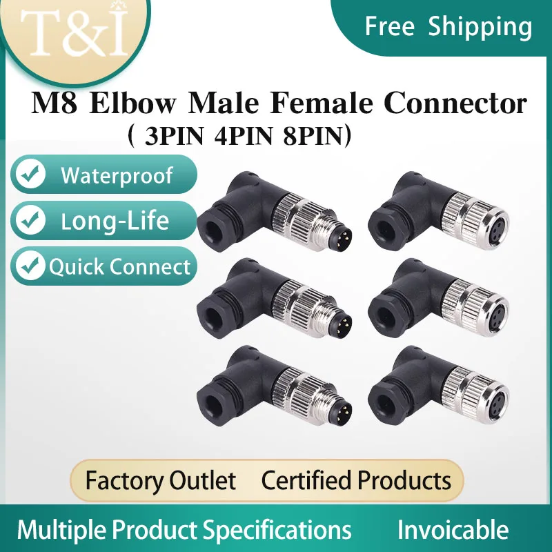 

5 PCS M8-3/4/5/6/8 Pin Electronic Connection Male And Female Waterproof Elbow Aviation Fixed Butt Plug Socket Connector