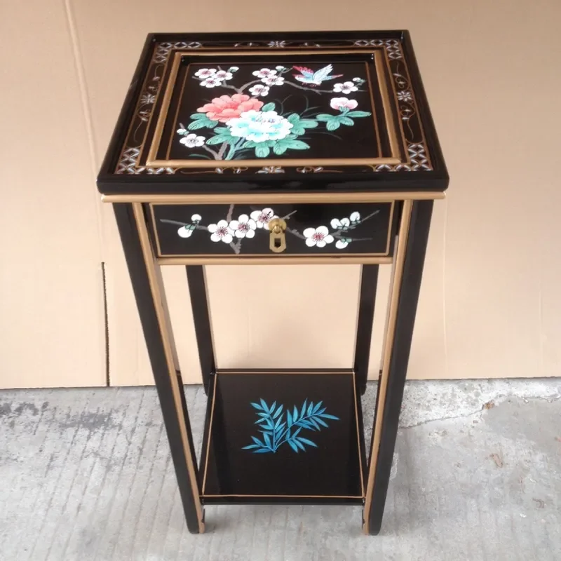 Hand Painted Peony Square Flower Pot Stand Antique Style PU High Gloss Piano Finish Bucket Table Display Rack for Home Decor
