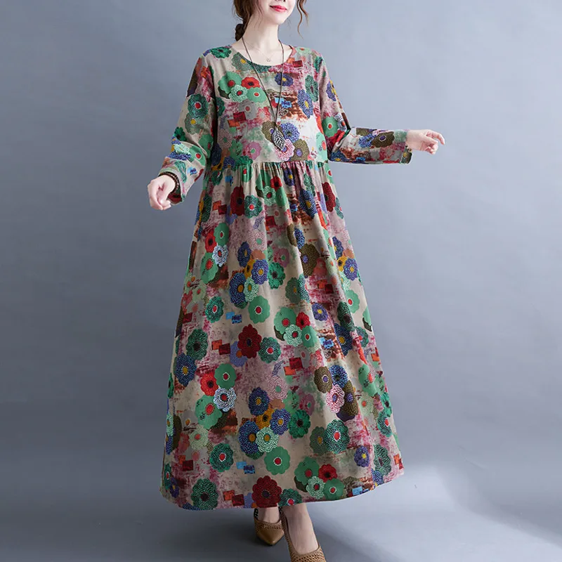 #3302 Full Floral Printed A-line Dress Women Long Sleeve O-neck Loose Vintage High Waisted Long Dresses Female Ankle-length