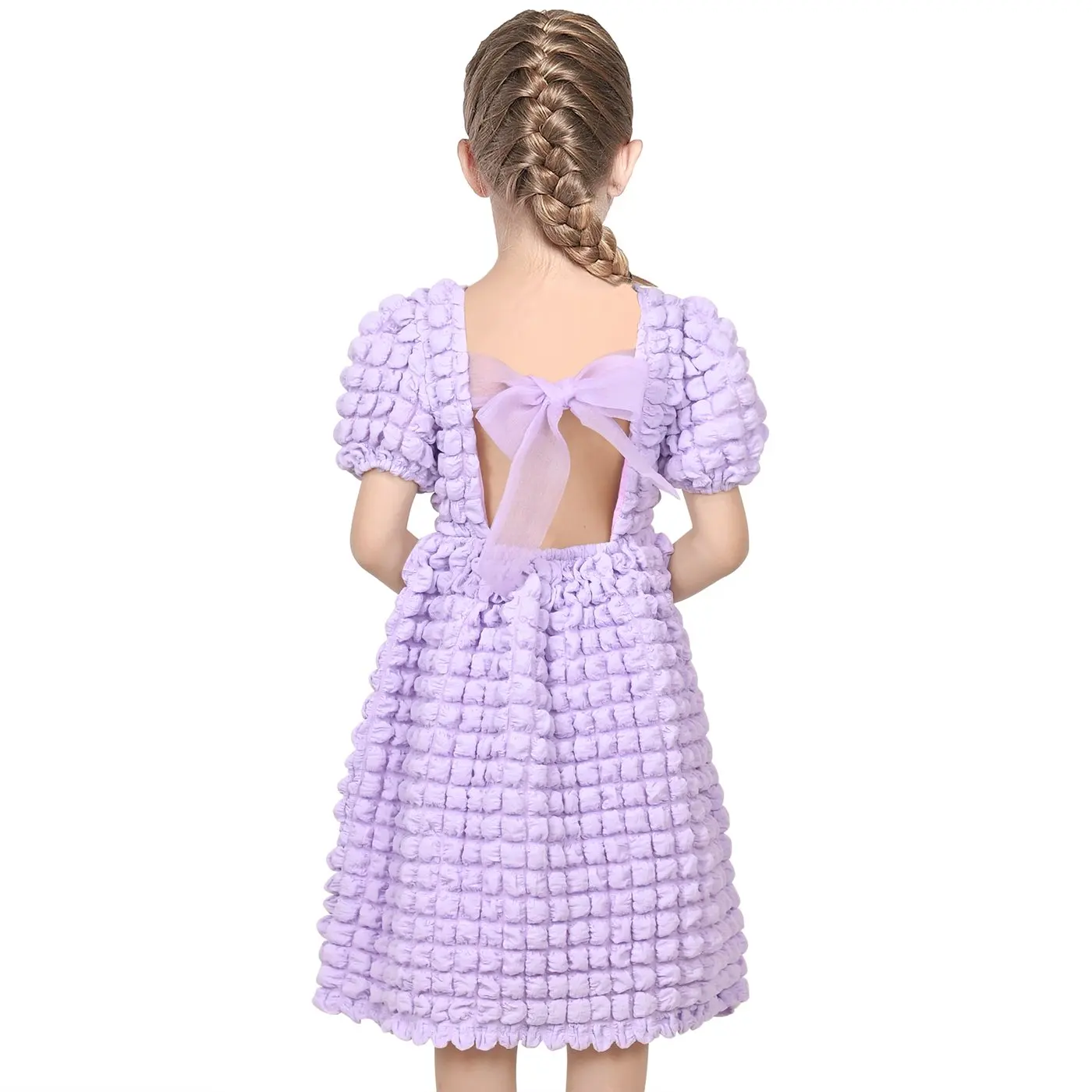Girls Dress Purple Ruffle Square Neck Hollow Back Puff Sleeve Princess