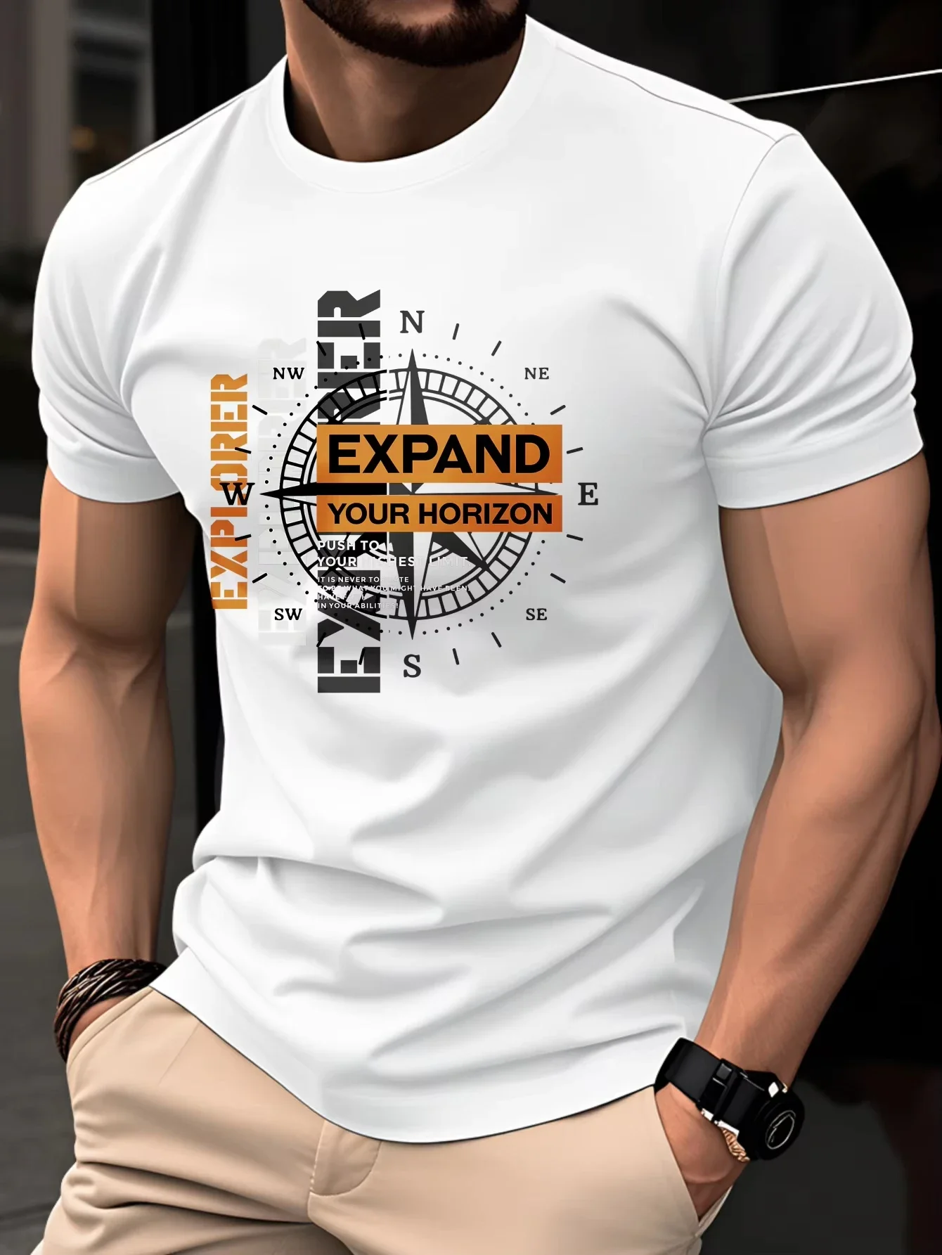 Summer Men's Pure Casual Fashionable Loose Retro Compass Mountain Pattern Printed Round Neck Short-Sleeved T-Shirt New Mode